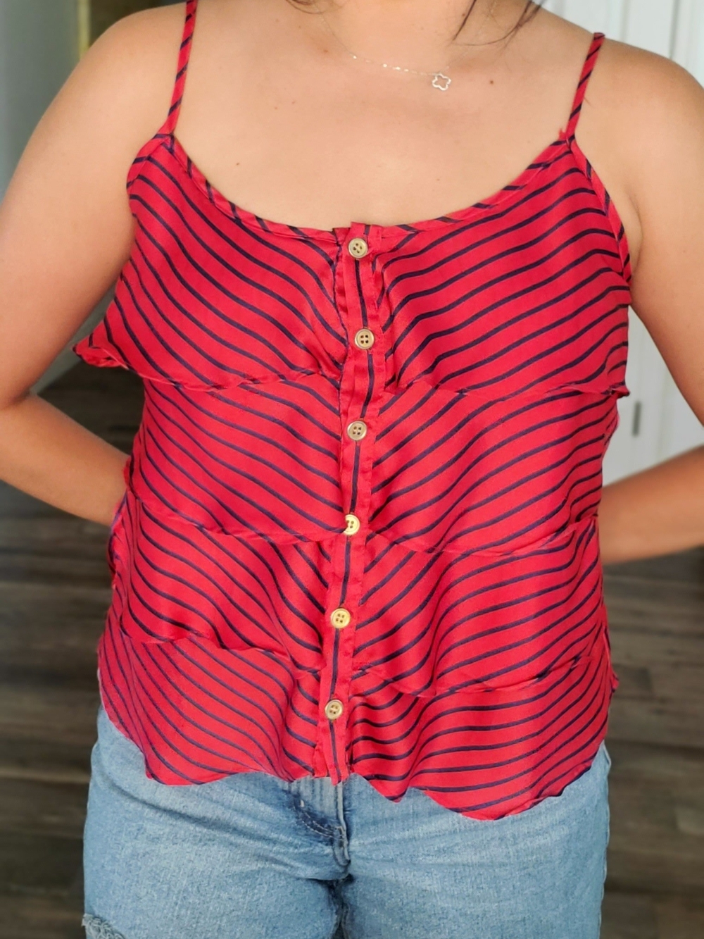 Women's Red Stripe Ruffle Button-Front Top - Picture 2 of 6